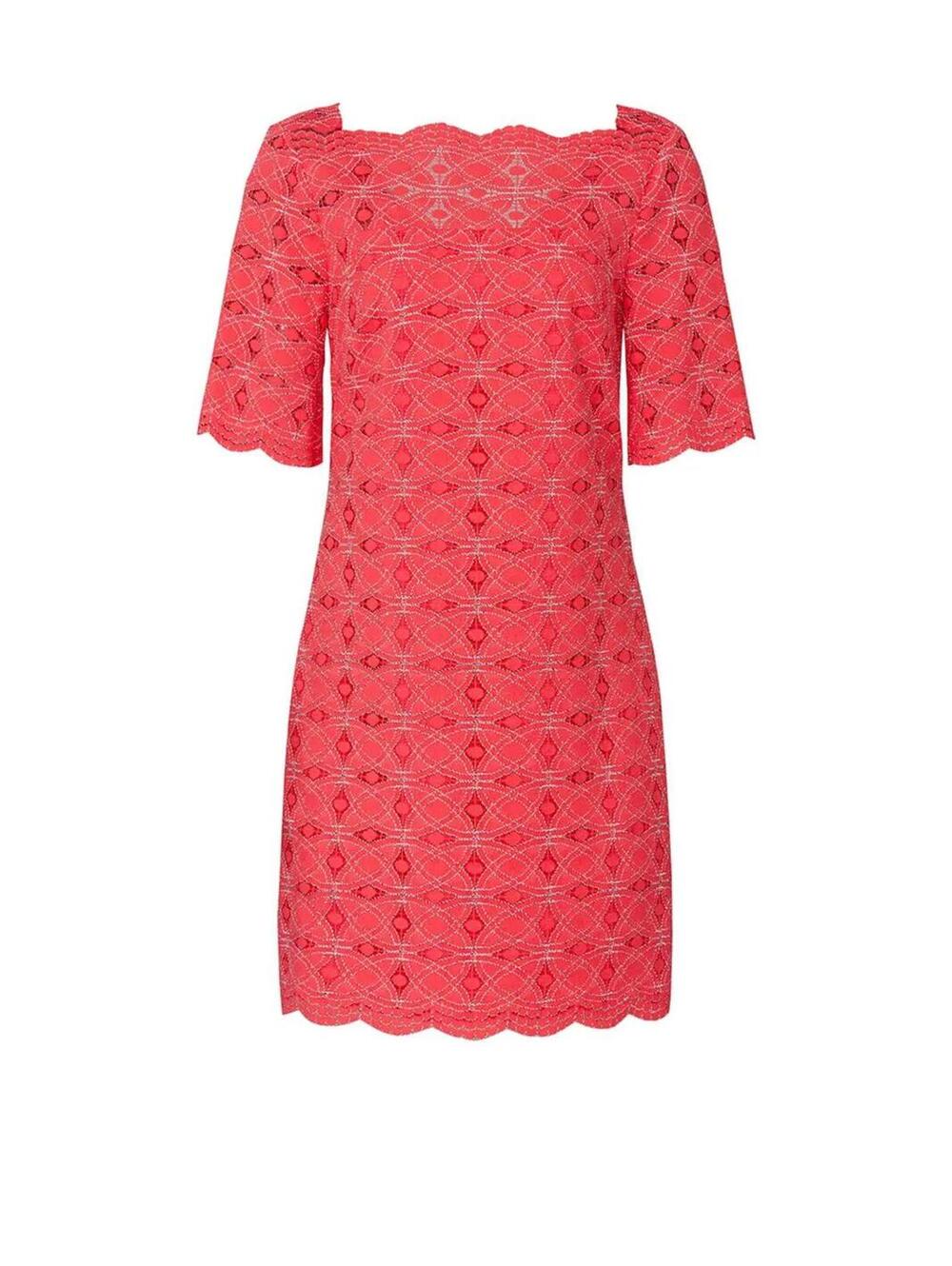 Trina Turk size 8 short sleeves Lucite Boatneck V-Back lace Trim Dress Coral.